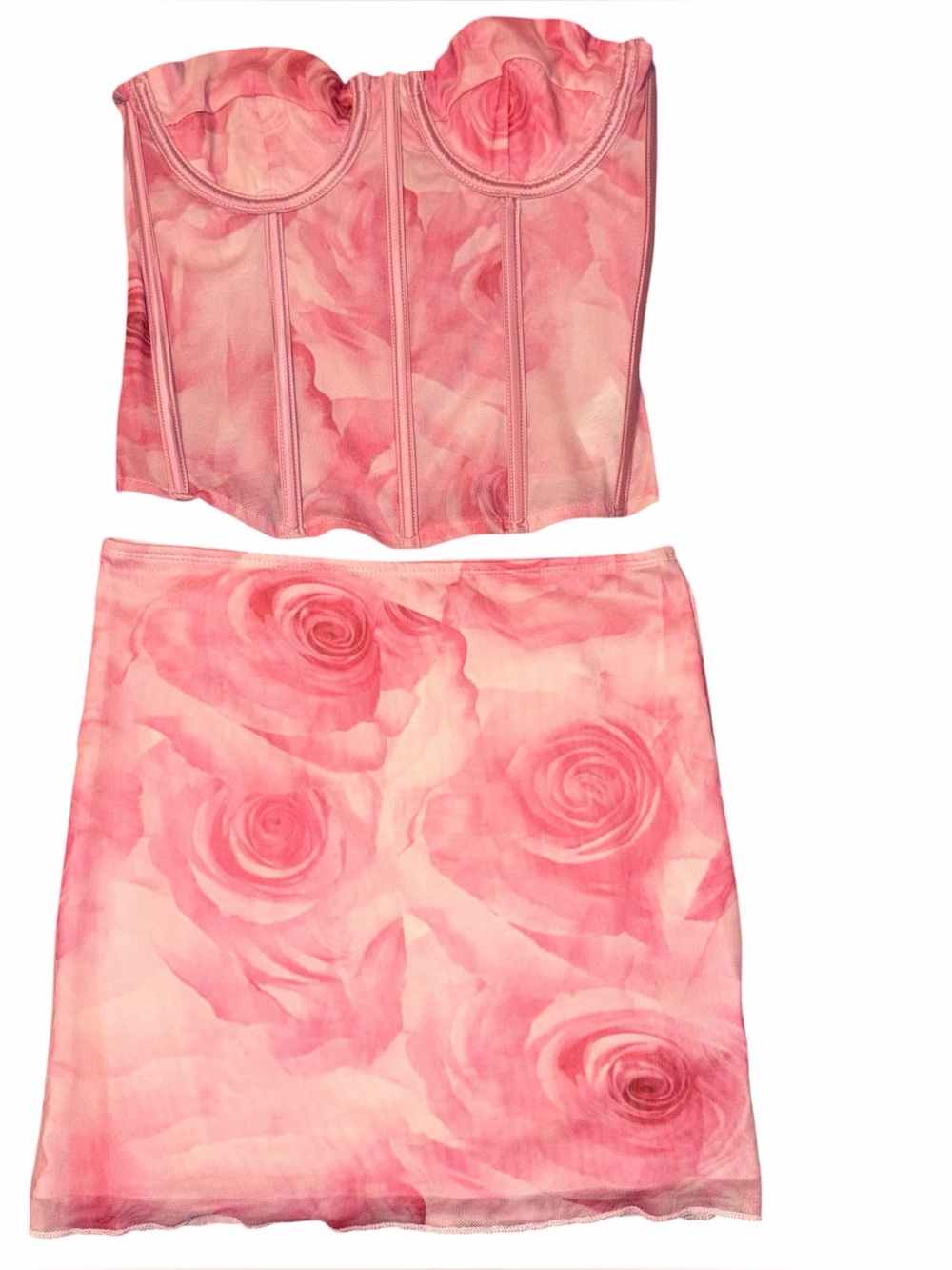 Edikted Rosie Set, Bustier Mesh Tank Top and Mini Skirt, Small, Pink